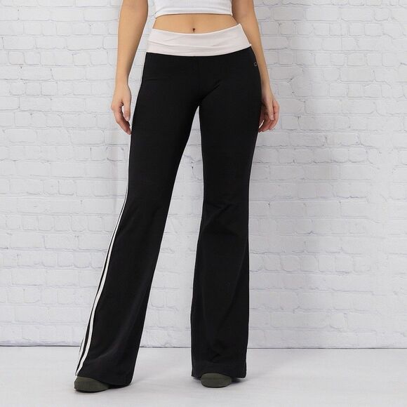 Y2K Adidas Climate Leggings Women XL Black Fold Over Waist Flare Yoga Pants 2006 - Picture 1 of 16